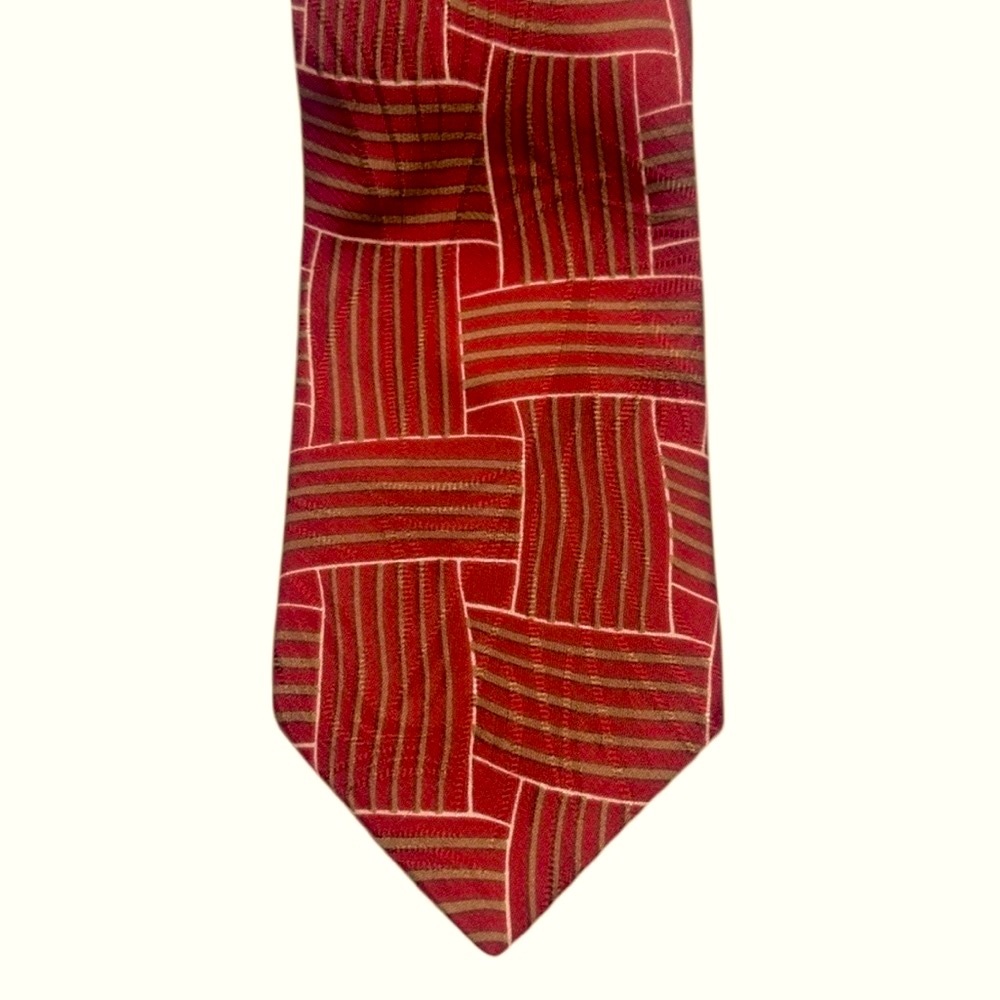 Men's Tom James All Silk Geometric Design Tie Orange/Khaki/White Made In USA